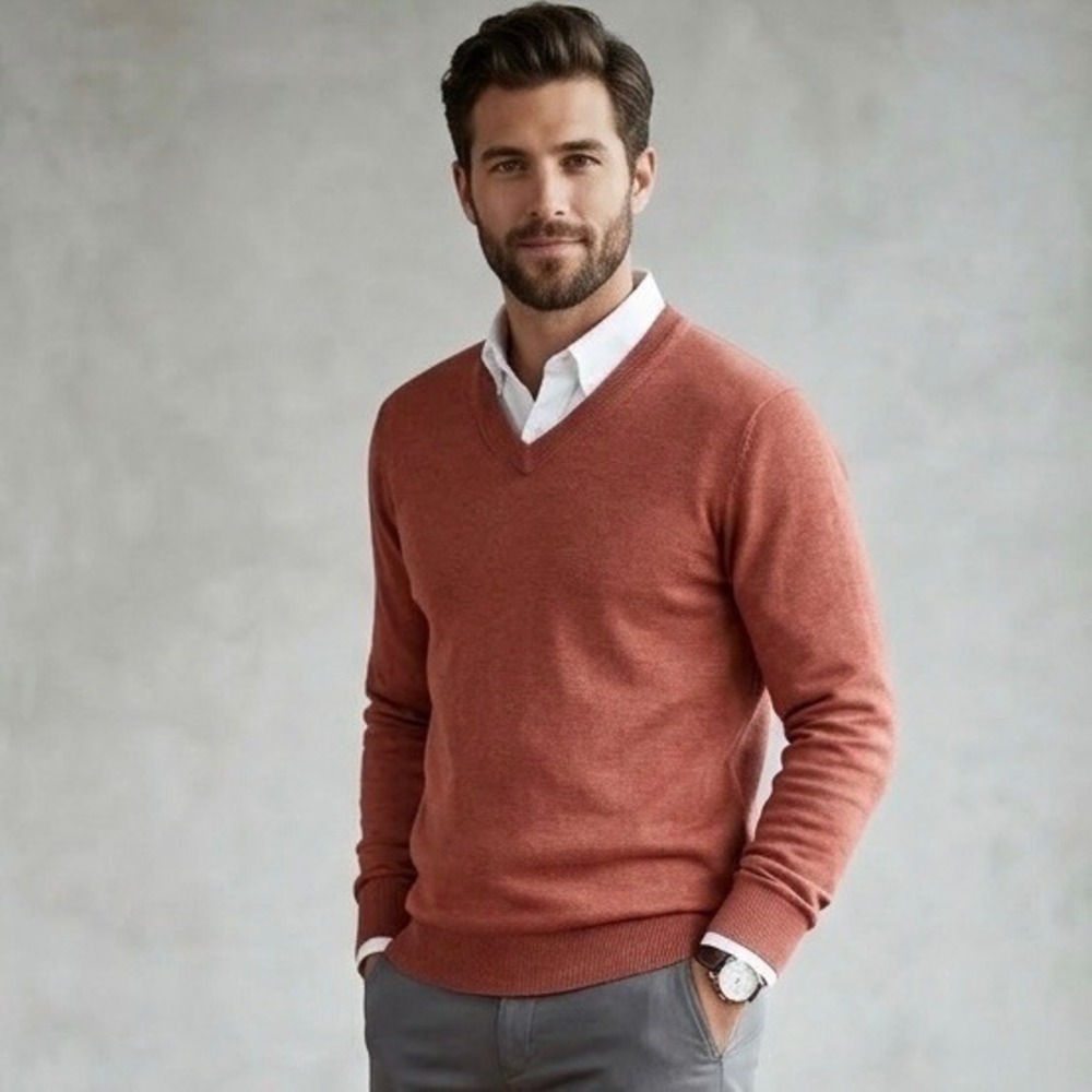 Nordstrom Mens V-Neck Sweater Burnt Orange Cotton Wool Blend Size M Medium